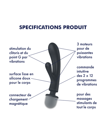 2 en 1 Vibromasseur rabbit et wand noir USB Triple Lover Satisfyer - CC597825