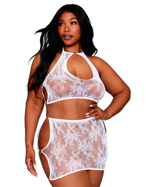 Ensemble 2 pièces grande taille top et jupe en résille fantaisie blanche - DG13309WHT