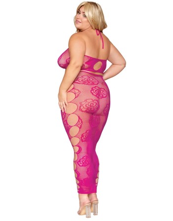 Ensemble Soutien-gorge et jupe longue en filet rose, grande taille - DG0485XBEE