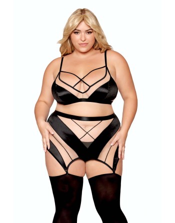 Ensemble grande taille avec Soutien-gorge, jupe porte-jarretelles, string  - DG13377XBLK