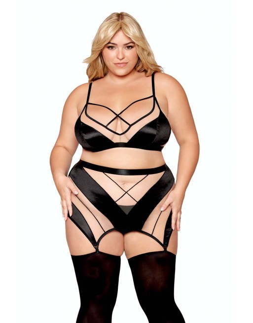 Ensemble grande taille avec Soutien-gorge, jupe porte-jarretelles, string  - DG13377XBLK