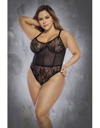 Body noir, grande taille, en résille et dentelle et laçage dans le dos - MAL8800XBLK