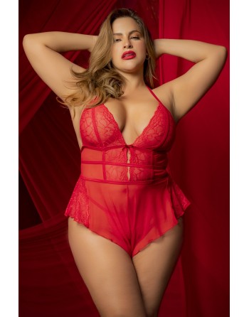 Body rouge grande taille effet babydoll et string assorti - MAL7445XRED