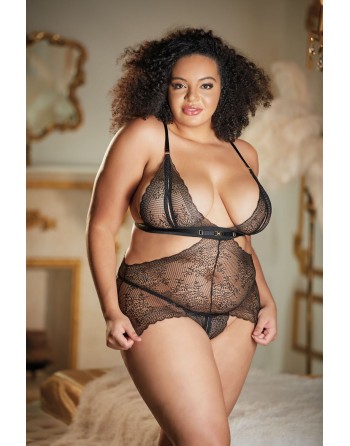 Nuisette dentelle noire grande taille avec string ouvert ROSIE - 17-6002XB