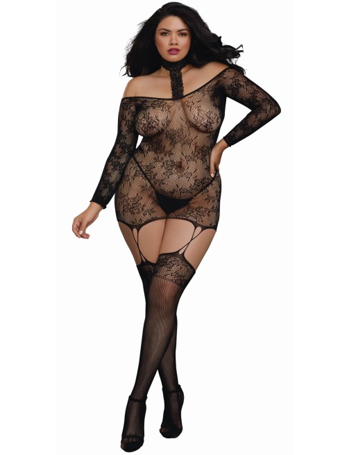 Bodystocking résille guêpière grande taille réversible avec tour de cou - DG0318XBLK