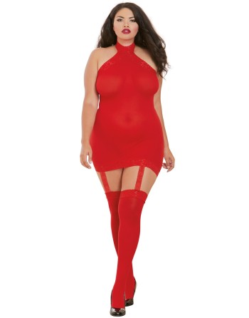 Bodystocking rouge grande taille effet guêpière avec dentelle - DG0035XRED