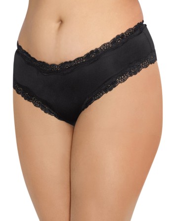 Tanga grande taille noir satiné bordures dentelle ajouré sur les fesses - DG1434XBLK