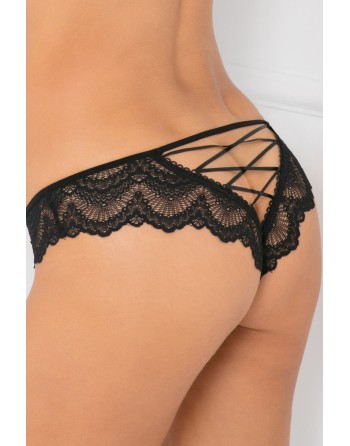 Tanga noir dentelle ajouré sur les fesses ornements croisés - REN1145-BLK