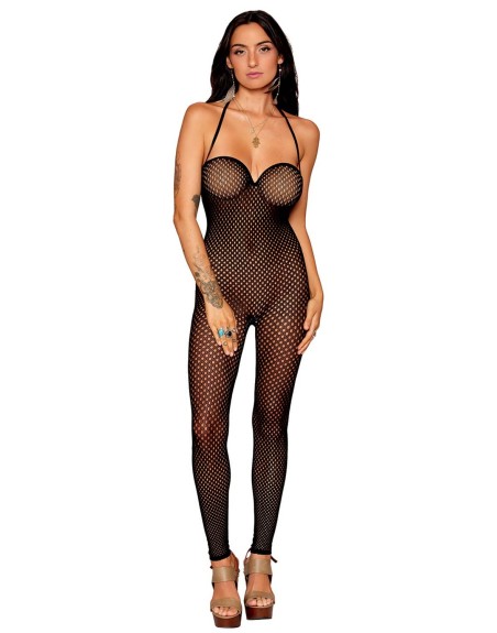 Bodystocking en résille noire, sans couture, avec large décolleté à armature  - DG0471BLK