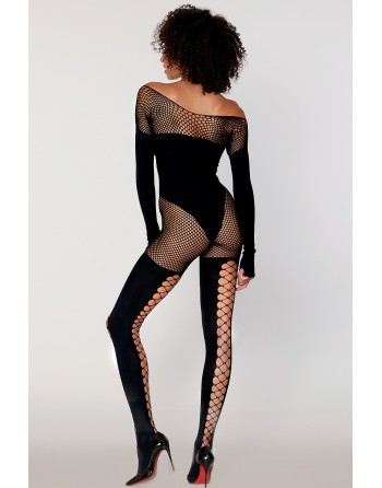 Bodystocking manches longues effet body et bas noir - DG0443BLK