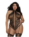 Combinaison Grande Taille dans un style Body string en dentelle avec des détails croisés - DG0329XBLK