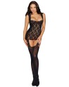 Bodystocking noir dentelle effet guêpières large décolleté et bas sexy - DG0144BLK