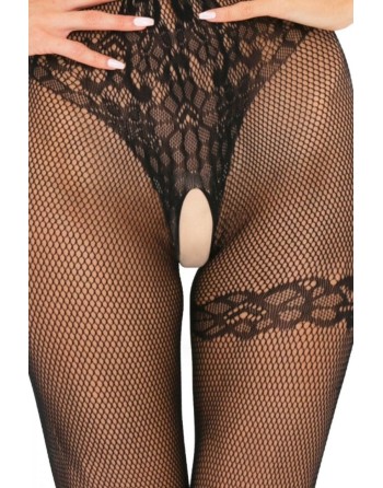 Bodystocking noir résille effet body string et jarretière - REN7063-BLK