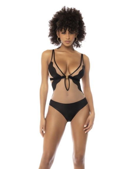 Body Flora noir et chair, avec une fine résille transparente, bretelles ajustables - MAL2746NUKB