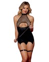 Body BDSM noir en maille avec corset / porte-jarretelles, simili cuir, intégré - DG13295BLK