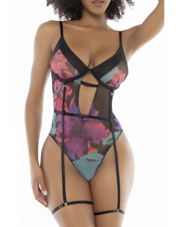 Body noir imprimé fleurs exotiques  - MAL8774PRT