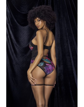 Body noir imprimé fleurs exotiques  - MAL8774PRT