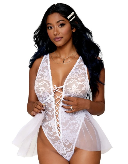 Body dentelle blanc avec tulle amovible - DG12918WHT