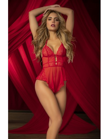 Body rouge effet babydoll et string assorti - MAL7445RED