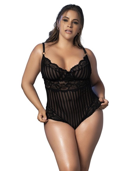 Body dentelle noire,  rayé en dentelle et fine résille - MAL8631XBLK