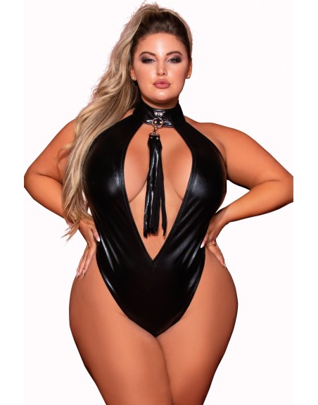 Body en simili cuir grande taille, extensible avec col clouté et fouet - DG12450XBLK